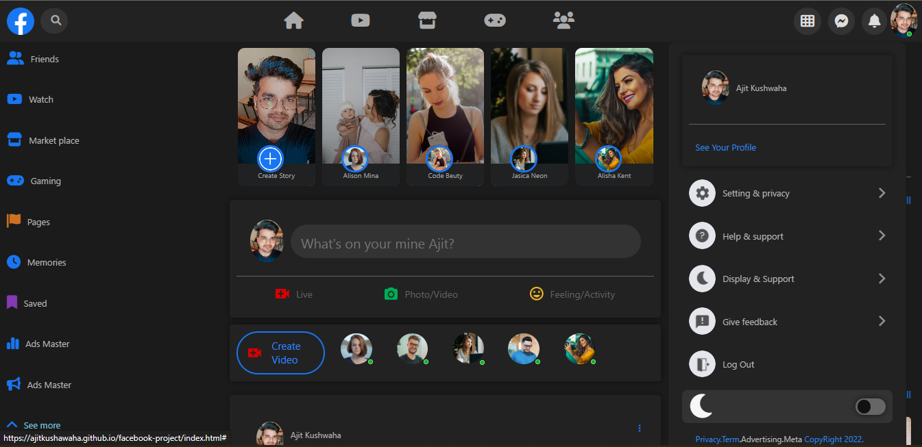 Screenshot of Facebook clone
